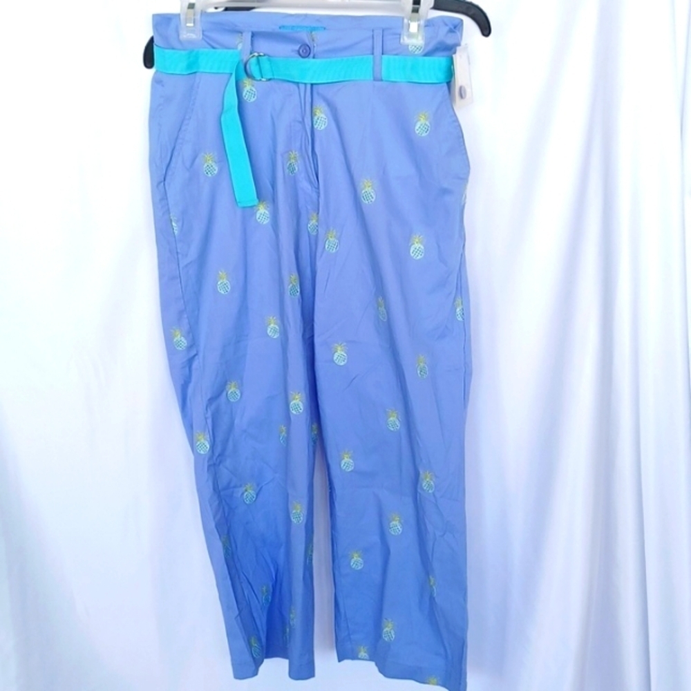 Cotton Connection blue/lilac embroidered cotton pants, sz 8 pockets, belted